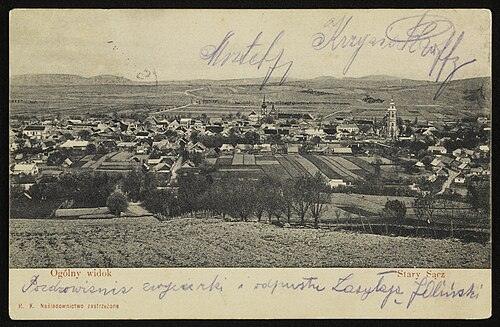 Celkový pohled na Stary Sącz na pohlednici z doby před rokem 1905 – městečko v soutoku Dunajce a Popradu